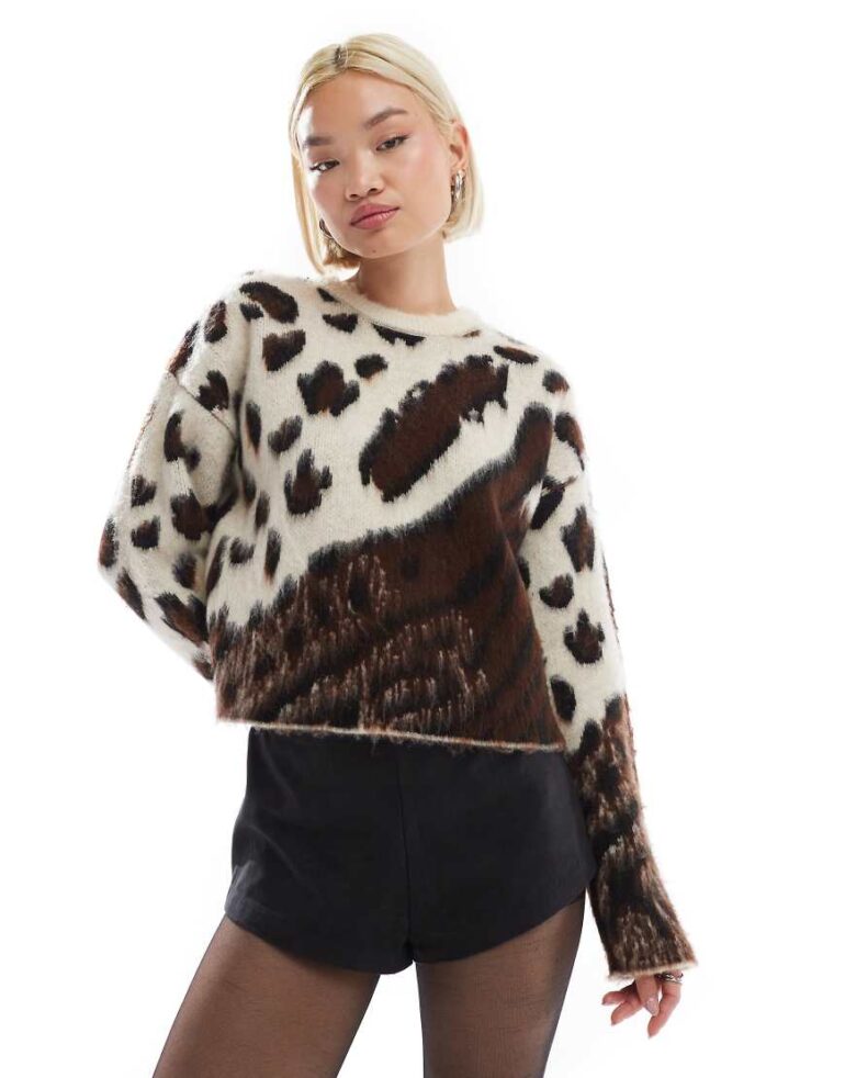 Threadbare crew neck leopard print jumper in ecru-White