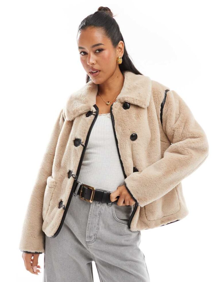 Threadbare faux fur button up jacket in stone-Neutral