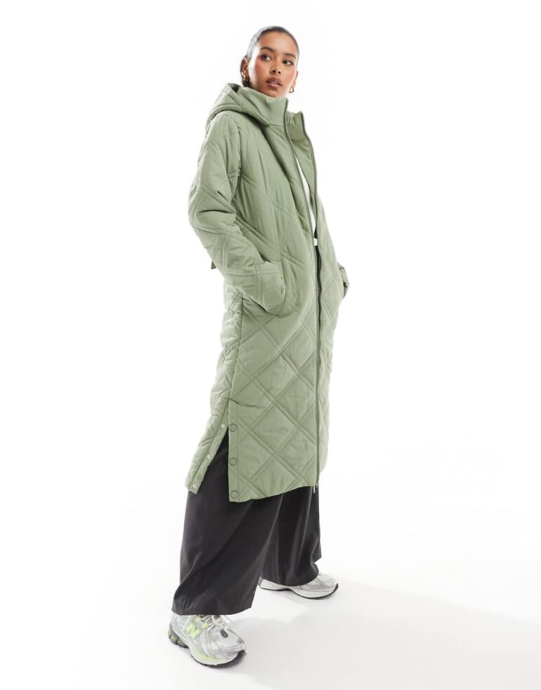 Threadbare full length quilted puffer in khaki-Green