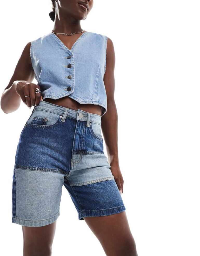 Threadbare patch work denim shorts in indigo wash-Navy