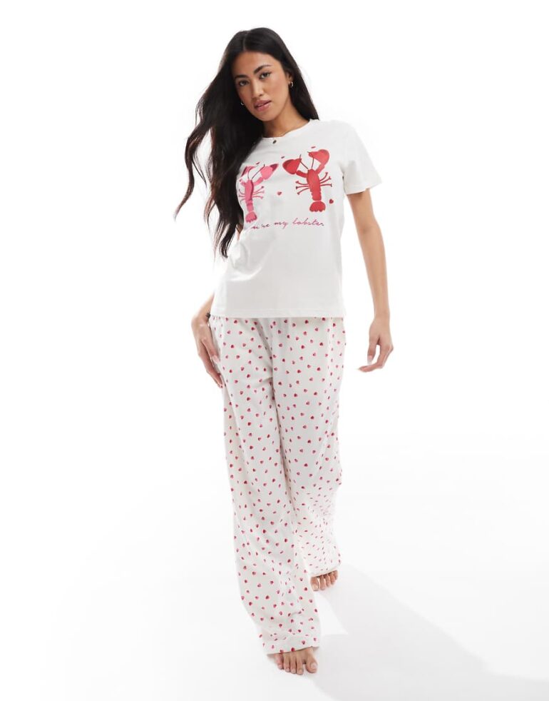 Threadbare pyjama set in white with lobster print-Pink