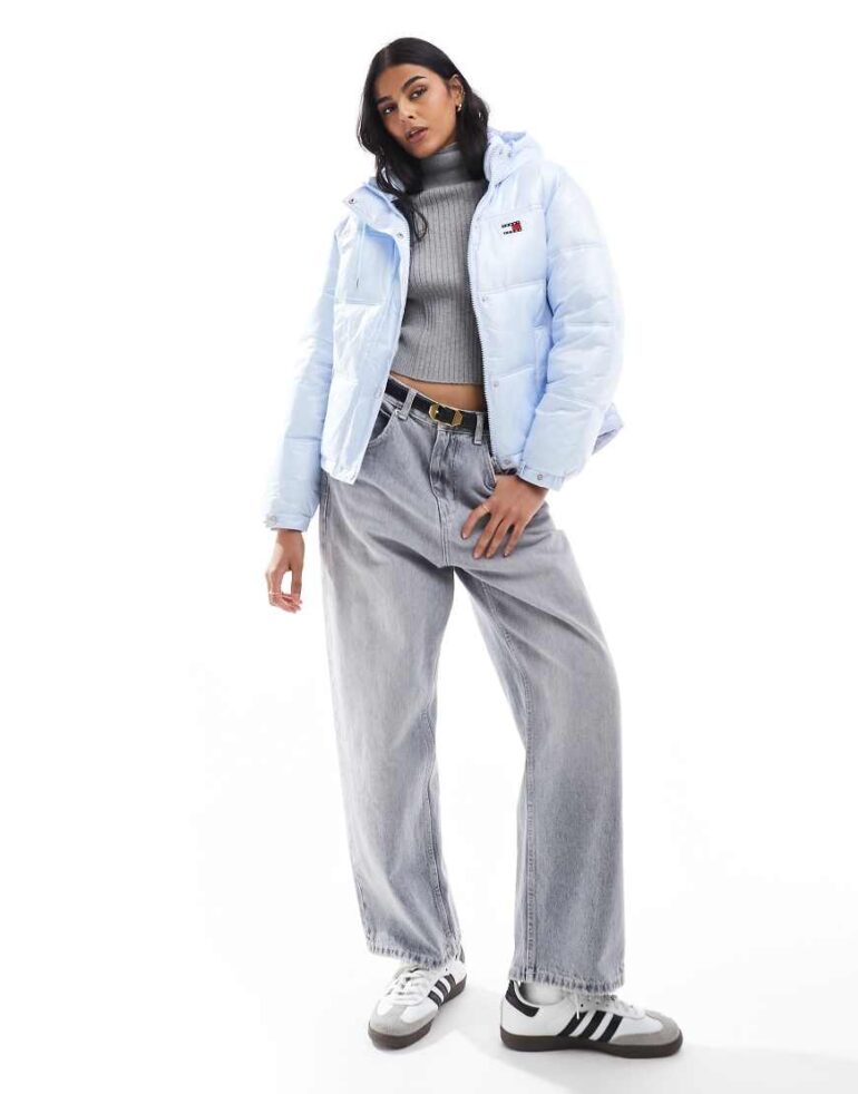 Tommy Jeans Shiny hooded puffer jacket in blue