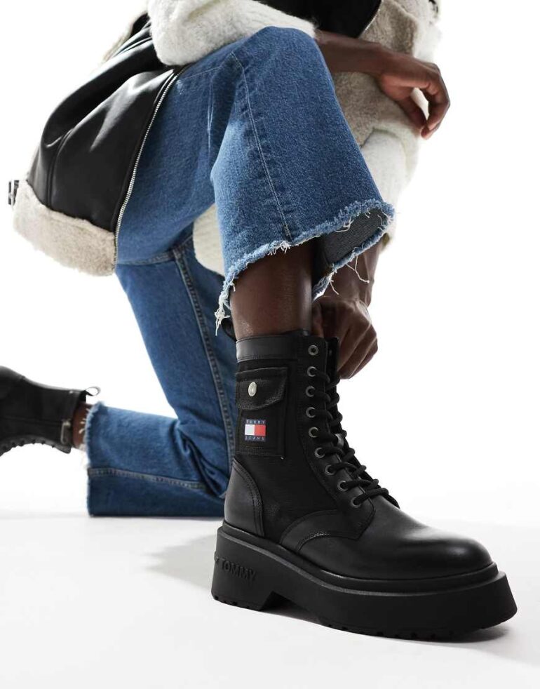 Tommy Jeans chunky combat lace boots in black