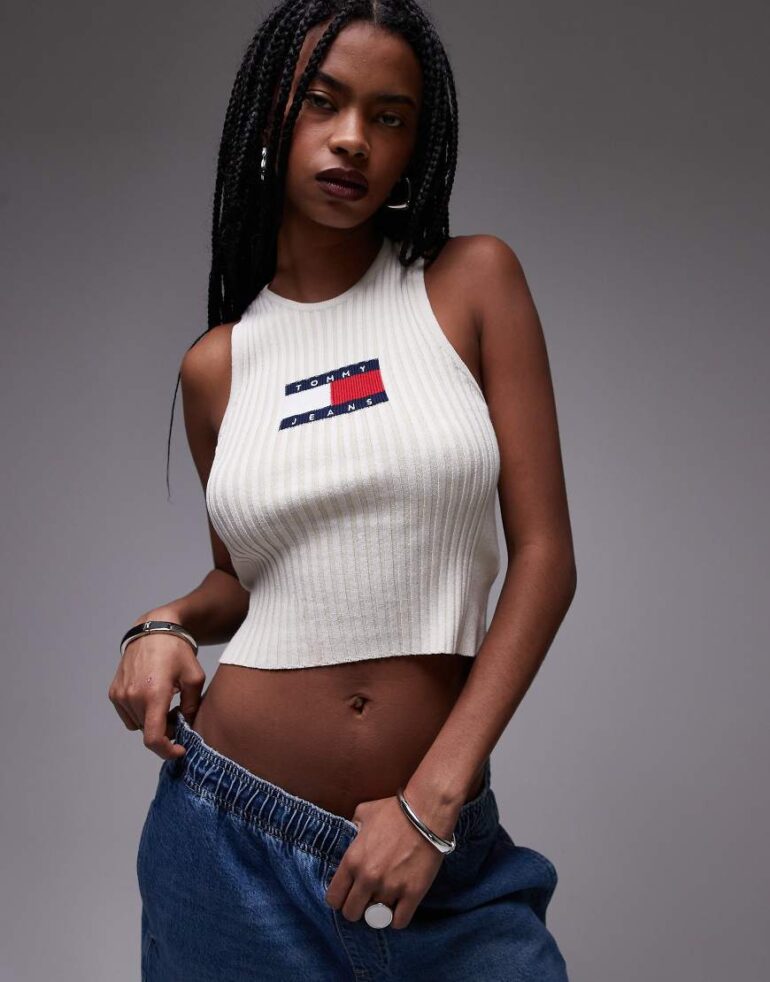Tommy Jeans ribbed racer tank top in white-Neutral