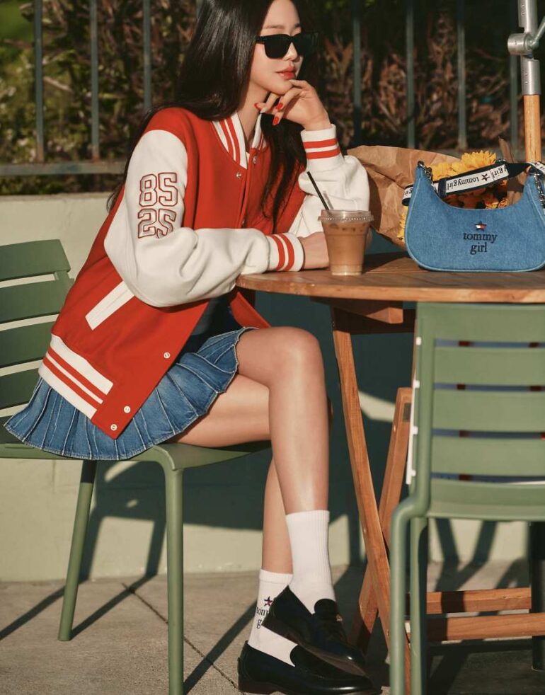 Tommy Jeans tommy girl star varsity jacket in red and white