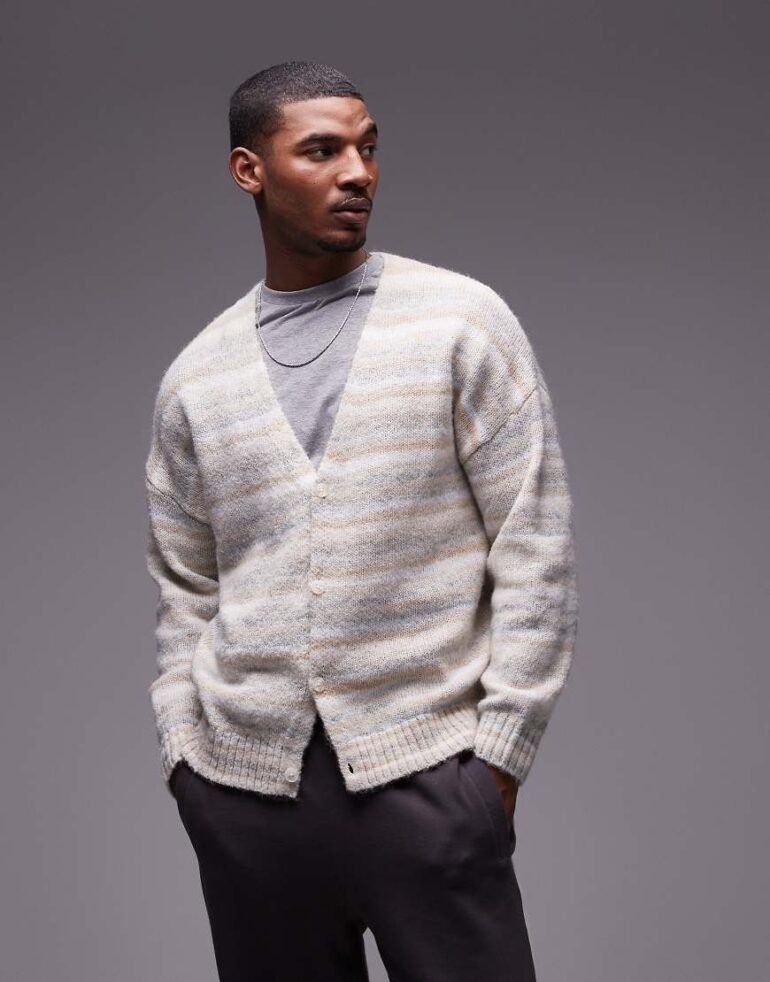 Topman oversized cardigan in sage & cream abstract pattern-Neutral