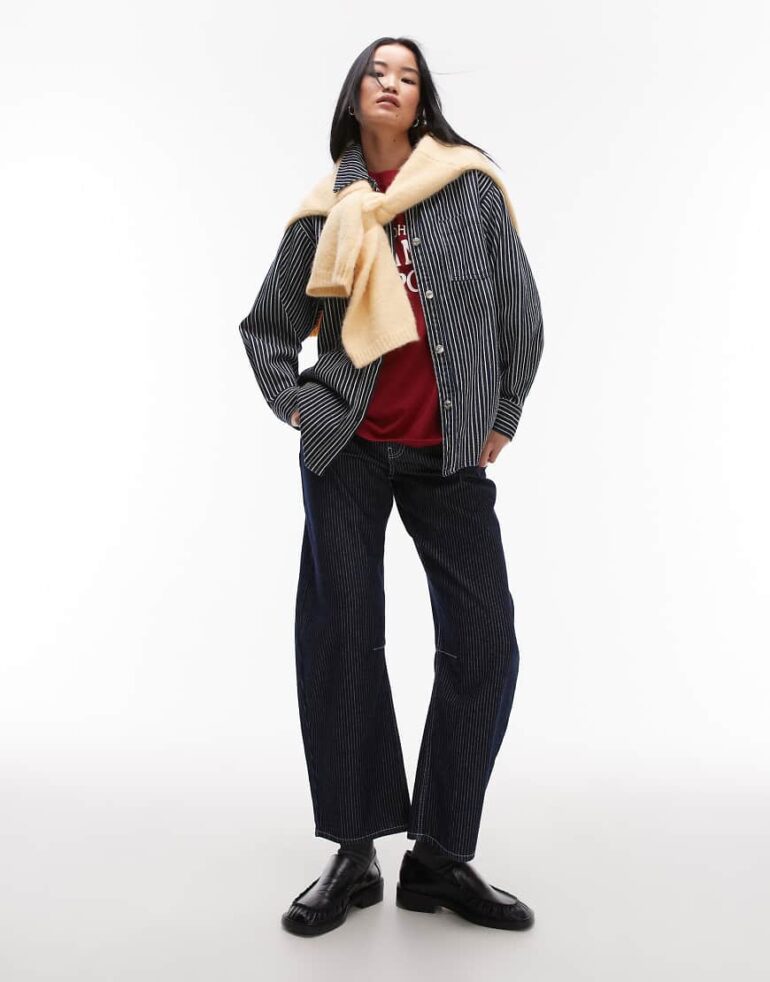 Topshop Barrel mid rise jean in indigo stripe-Blue