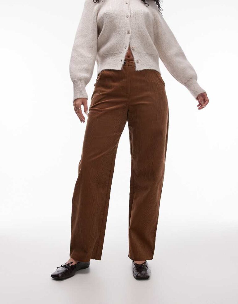 Topshop Hourglass barrel leg cord trouser in brown