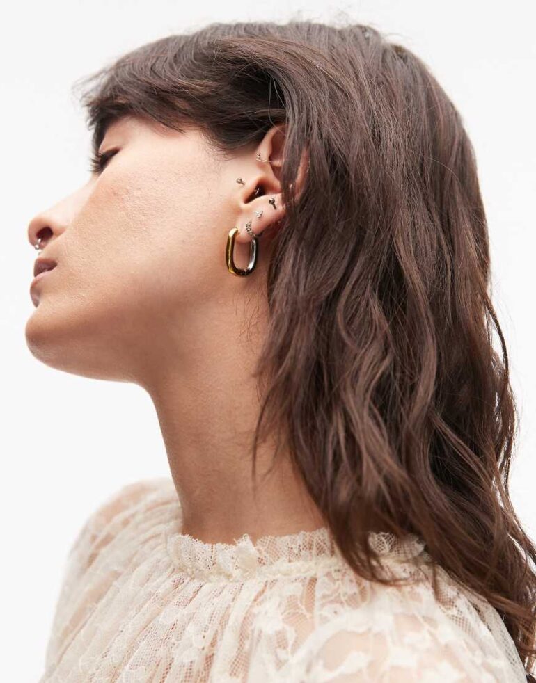 Topshop Mabel waterproof stainless steel huggie hoop earrings in gold and silver-Multi
