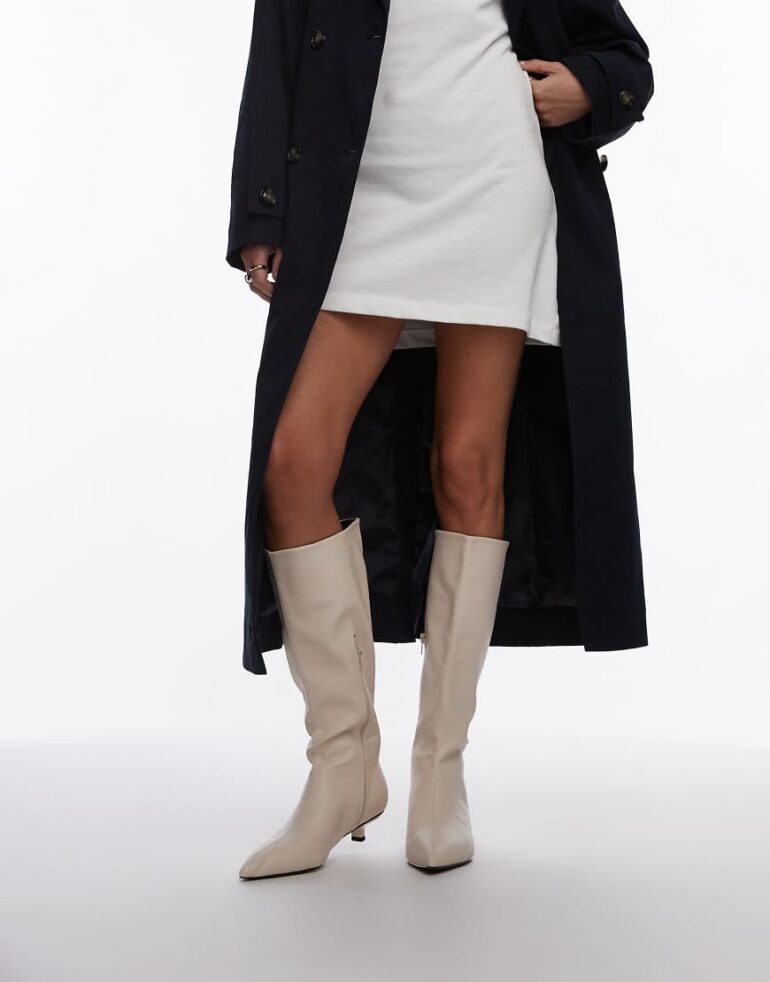 Topshop Stevie mid heel pointed toe knee high boots in off white