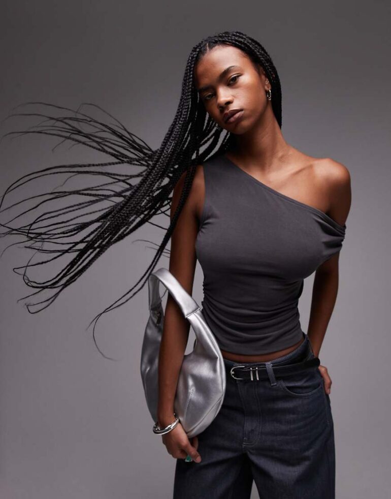 Topshop cupro ruched side top in charcoal-Grey
