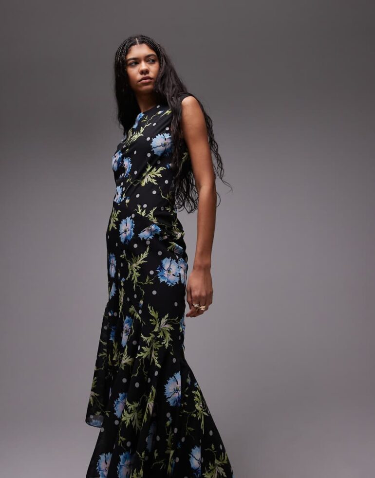 Topshop godet hem boutique occasion midi dress in black based winding floral