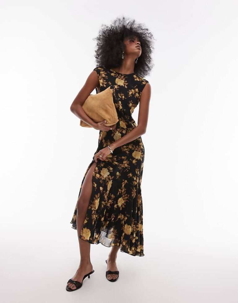 Topshop godet hem boutique occasion midi dress in brown floral