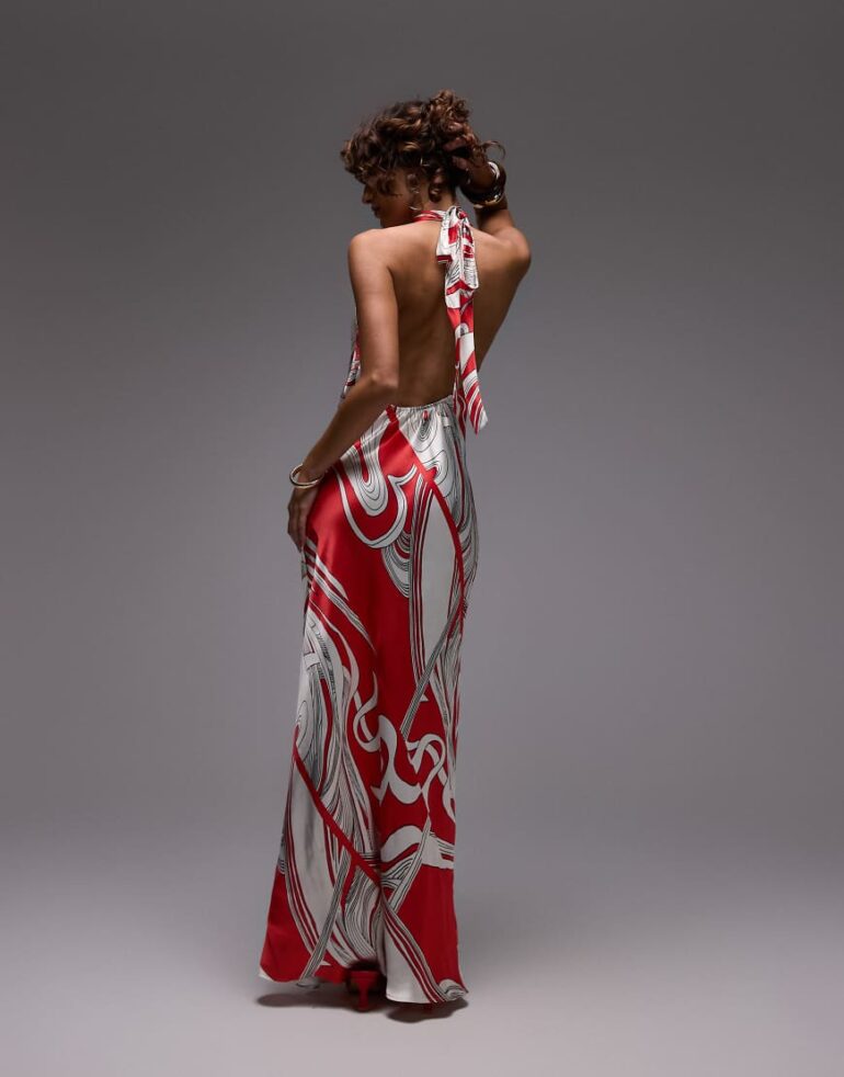 Topshop halter neck maxi dress in red boutique print