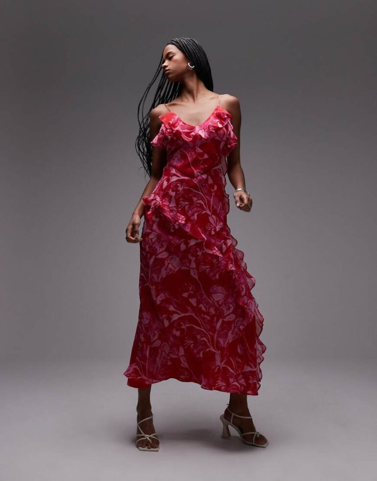 Topshop ruffle midi slip dress in pink abstract floral
