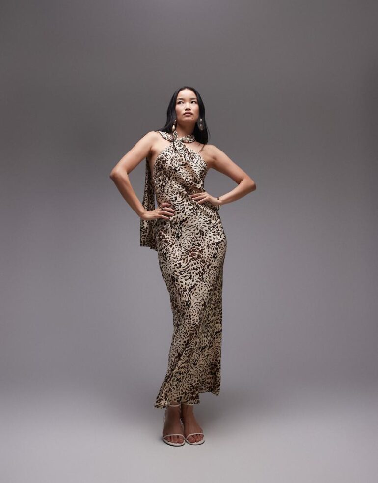 Topshop tie neck halter maxi dress in abstract animal-Brown