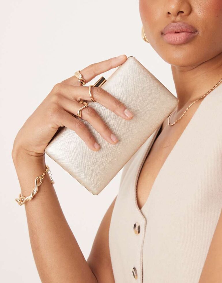 True Decadence brushed metallic box clutch bag in gold