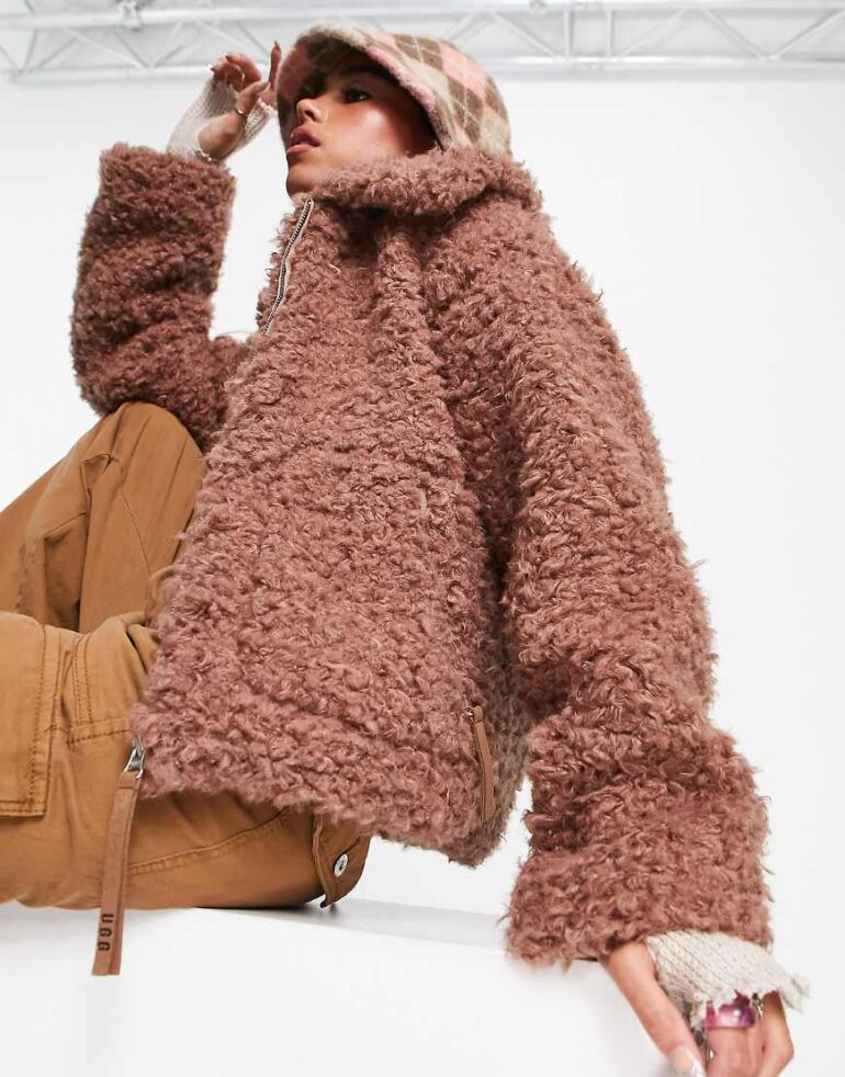 UGG Maeve sherpa zip up jacket in chestnut-Brown