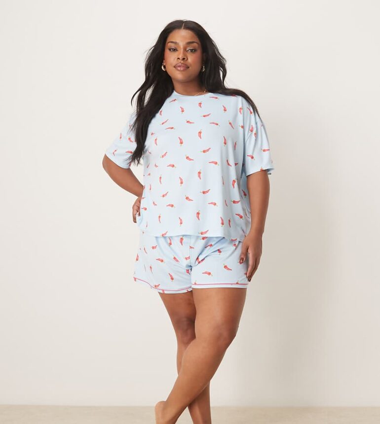Urban Threads Curve oversized pyjama top and shorts in chilli print-Multi