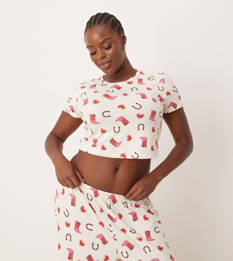 Urban Threads Curve poly t-shirt and trouser pyjama set in cowboy boot print-Multi