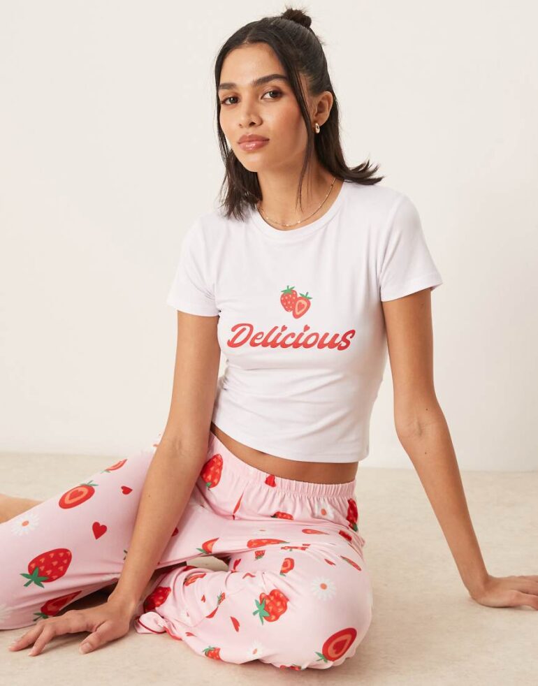 Urban Threads co-ord baby tee with placement strawberry print-Multi