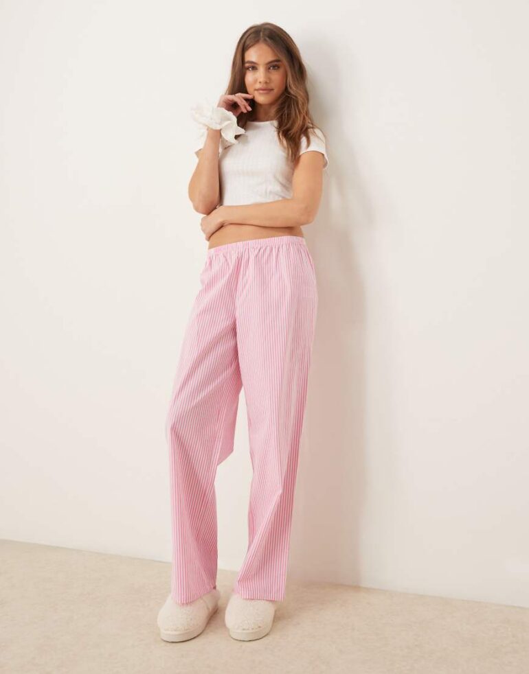Urban Threads pointelle long sleeve and cotton stripe trouser pyjama set in multi