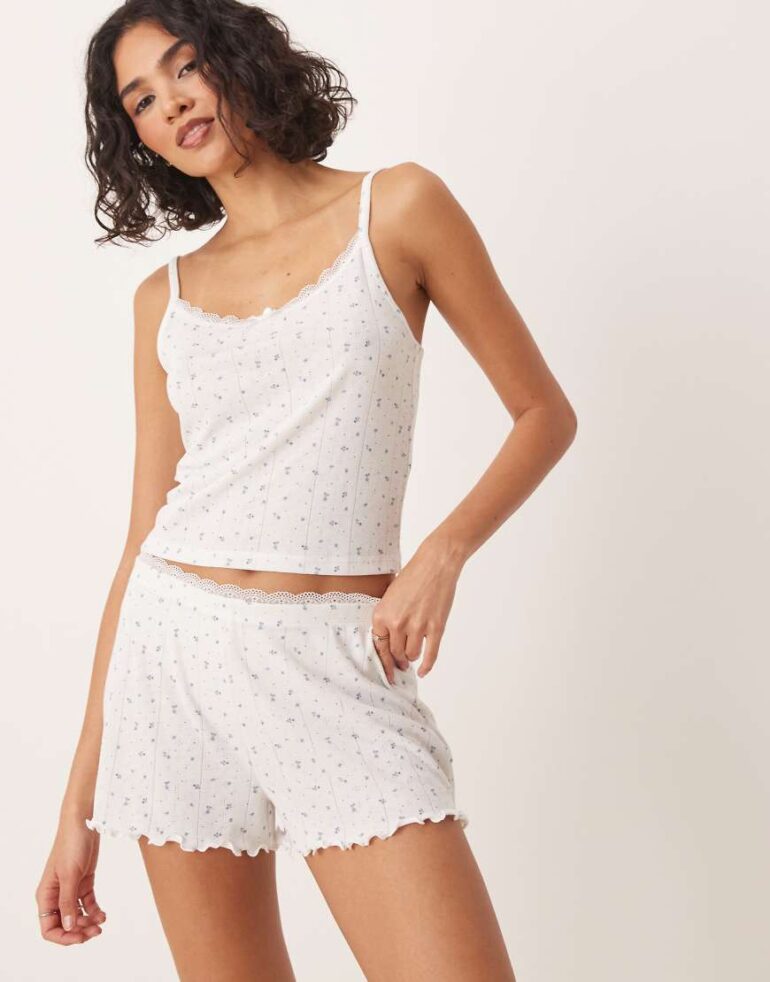 Urban Threads pointelle shorts in ditsy floral print-White