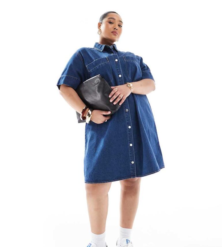 Vero Moda Curve boxy denim mini dress in medium blue