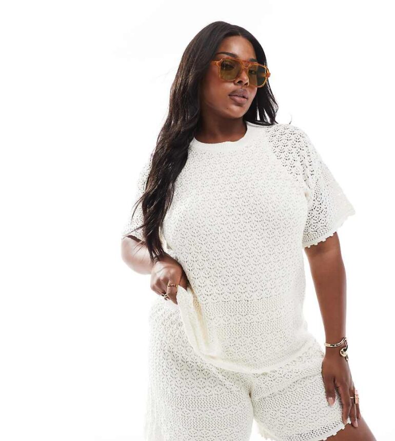 Vero Moda Curve crochet boxy tee co-ord in birch cream-White