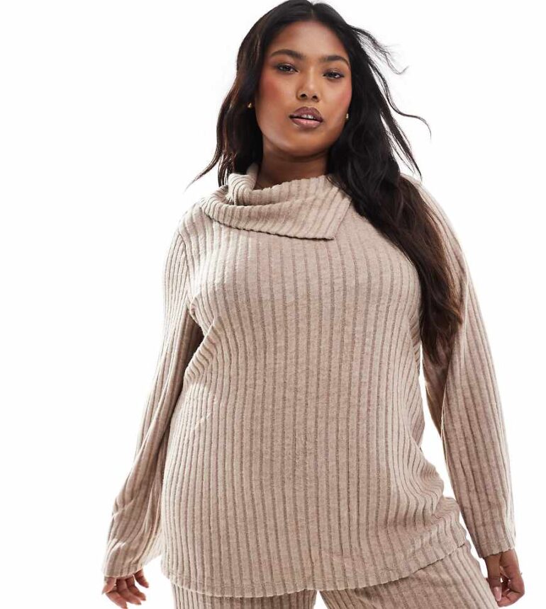 Vero Moda Curve foldover ribbed jersey top co-ord in beige-Neutral