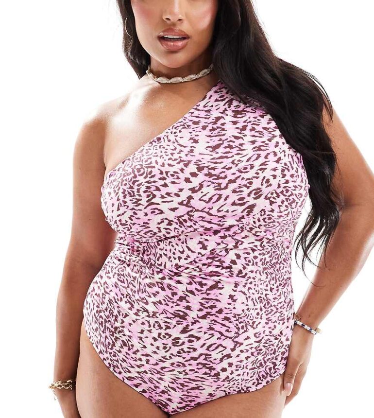 Vero Moda Curve ruched one shoulder swimsuit in pastel lavender leopard print-Purple