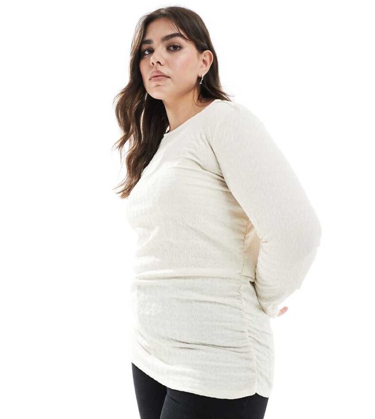 Vero Moda Curve textured ruched long sleeve top in cream-White