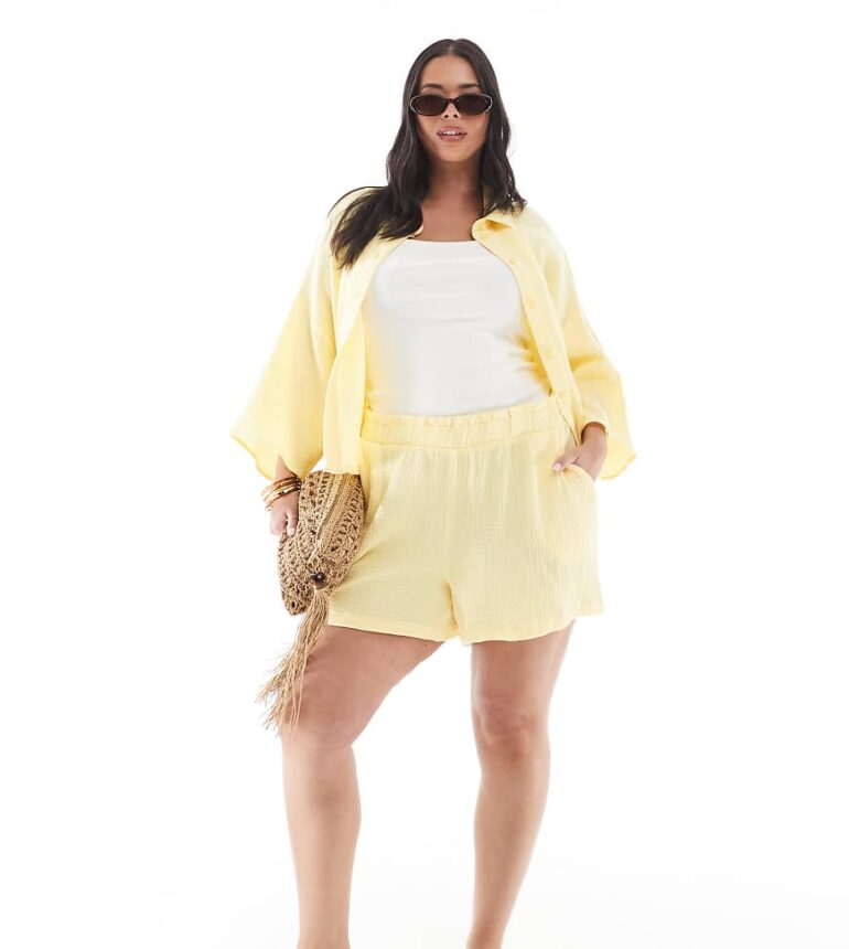 Vero Moda Curve textured shorts co-ord in pale yellow