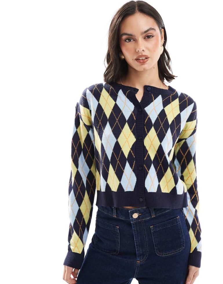 Wednesday's Girl argyle print fine gauge cardigan in multi