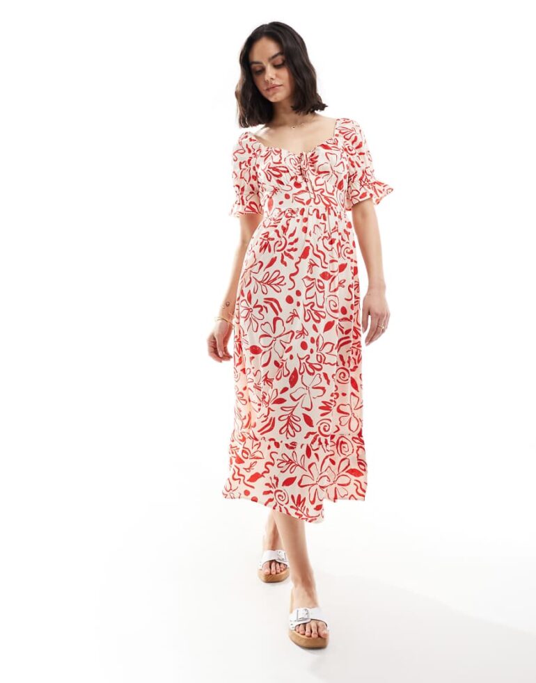 Wednesday's Girl ditsy print milkmaid puff sleeve midi dress in red and cream