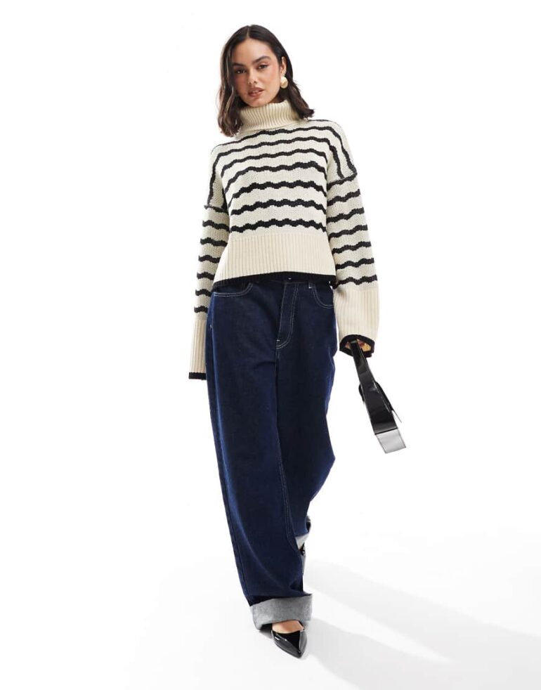 Wednesday's Girl funnel neck zig-zag stripe jumper in cream and black-White