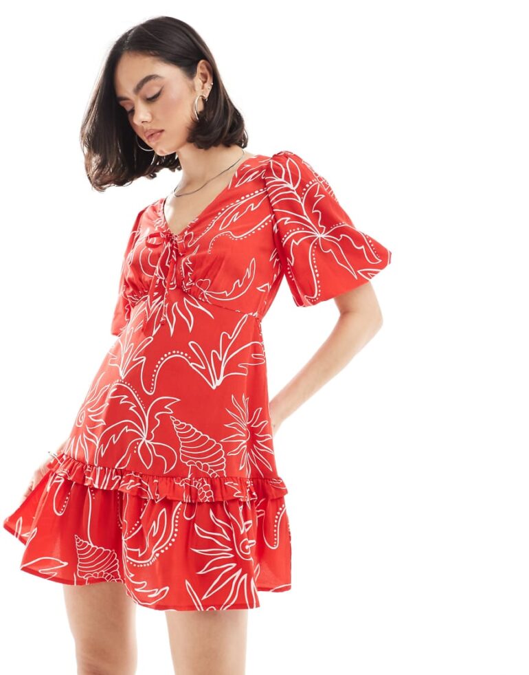 Wednesday's Girl soleil print puff sleeve smock dress in red