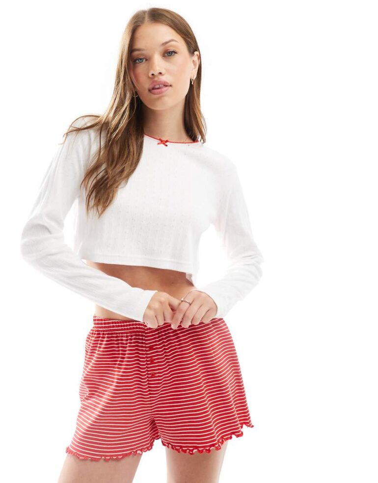 Wednesday's Girl stripe print pointelle long sleeve pyjama set in red