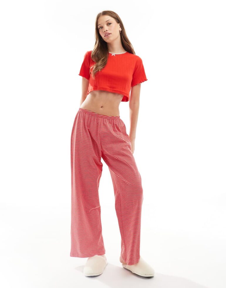 Wednesday's Girl striped trouser and pointelle t-shirt pyjama set in red