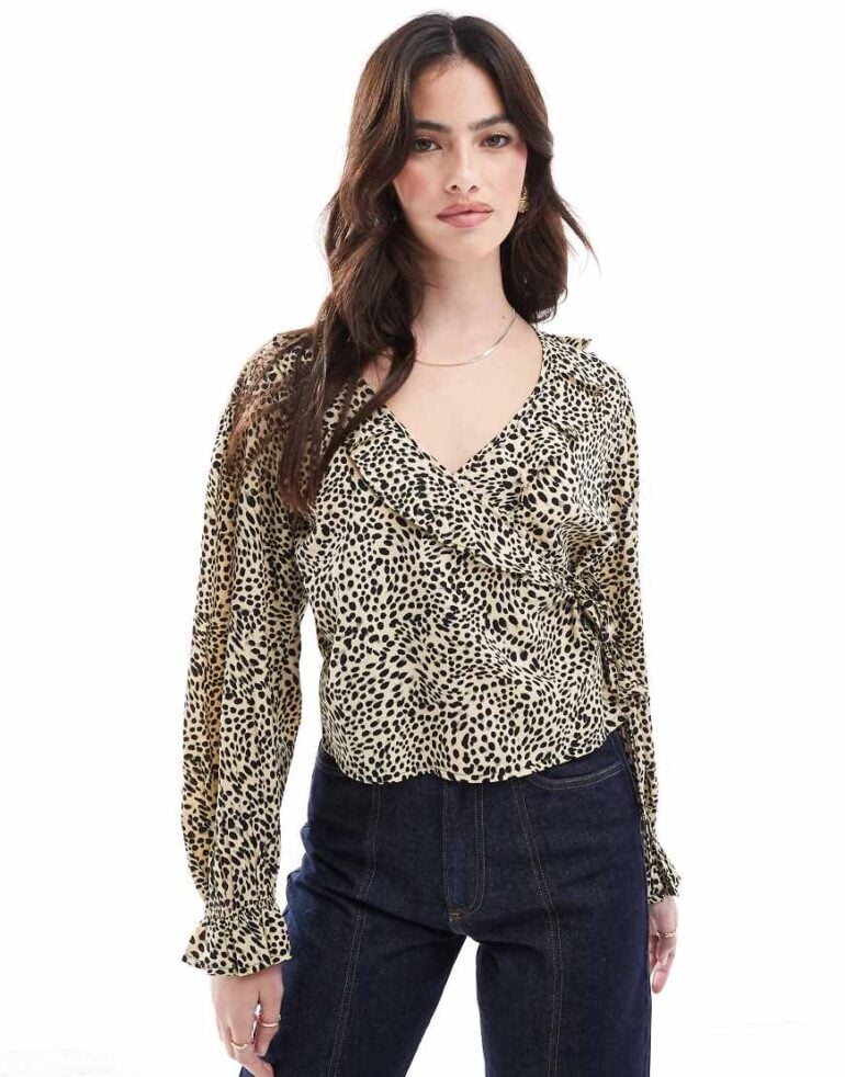 Wednesday's Girl wrap ruffle blouse in leopard print-Gold