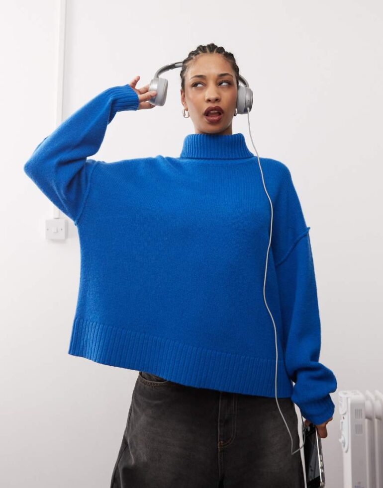 Weekday Dita wool turtle neck jumper in blue melange