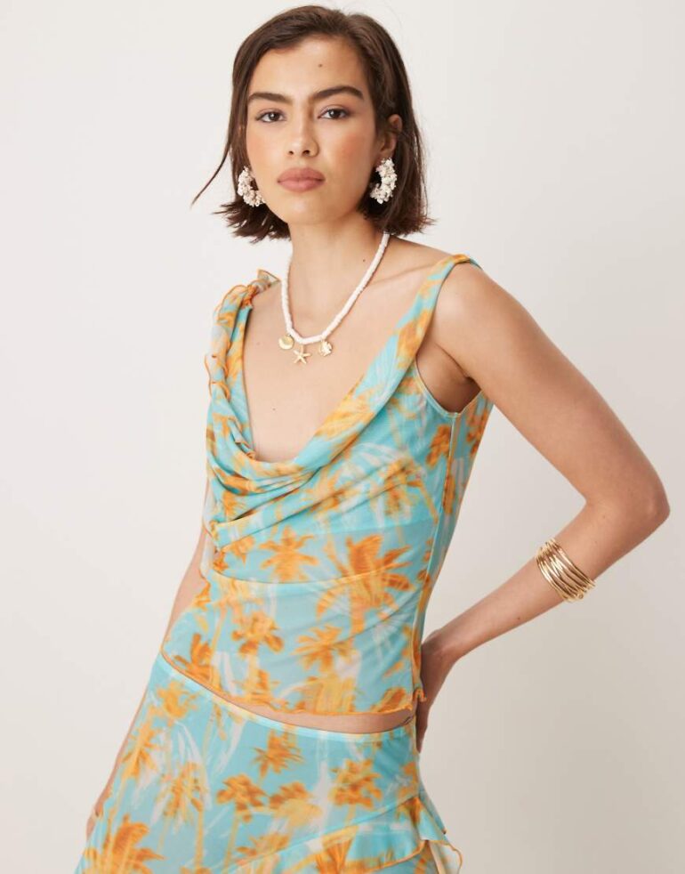 Wild Lovers Sweet Escape palm print mesh beach top co-ord in aqua-Blue