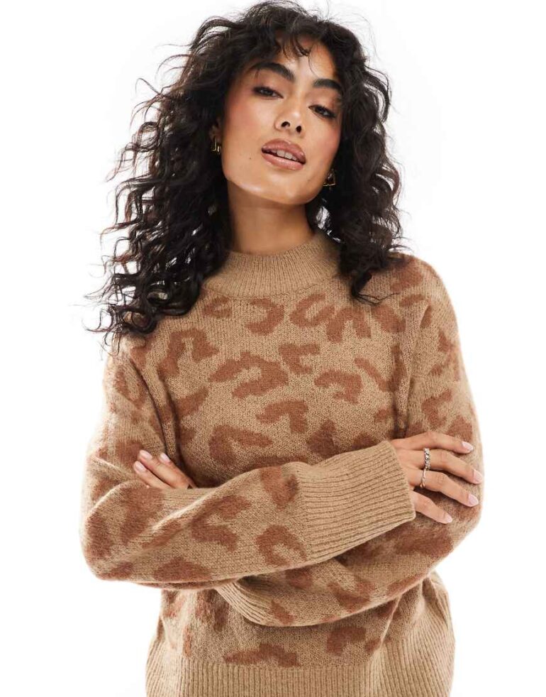 YAS knitted jumper co-ord in brown tonal leopard print - CAMEL-Neutral