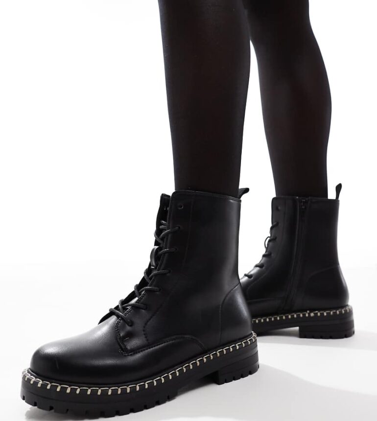 Yours lace up stitch detail biker boots in black