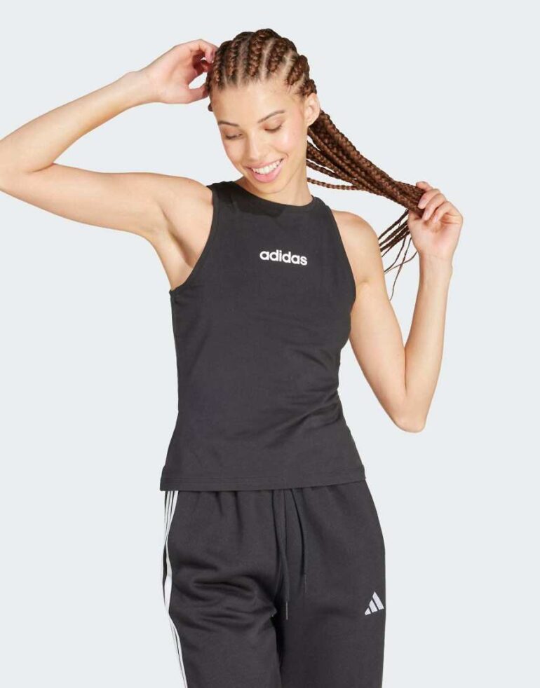 adidas performance Essentials linear slim cotton tank top in black / white