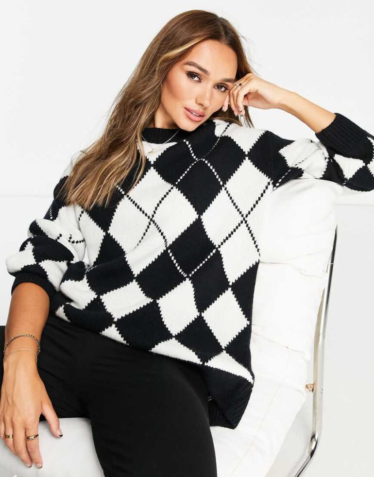 & Other Stories wool blend argyle sweater in black and off white-Multi