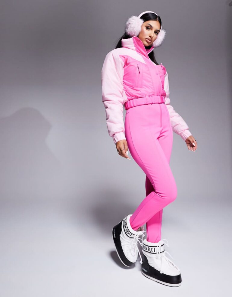 4505 Ski water repellent insulated colour block retro ski suit in pink