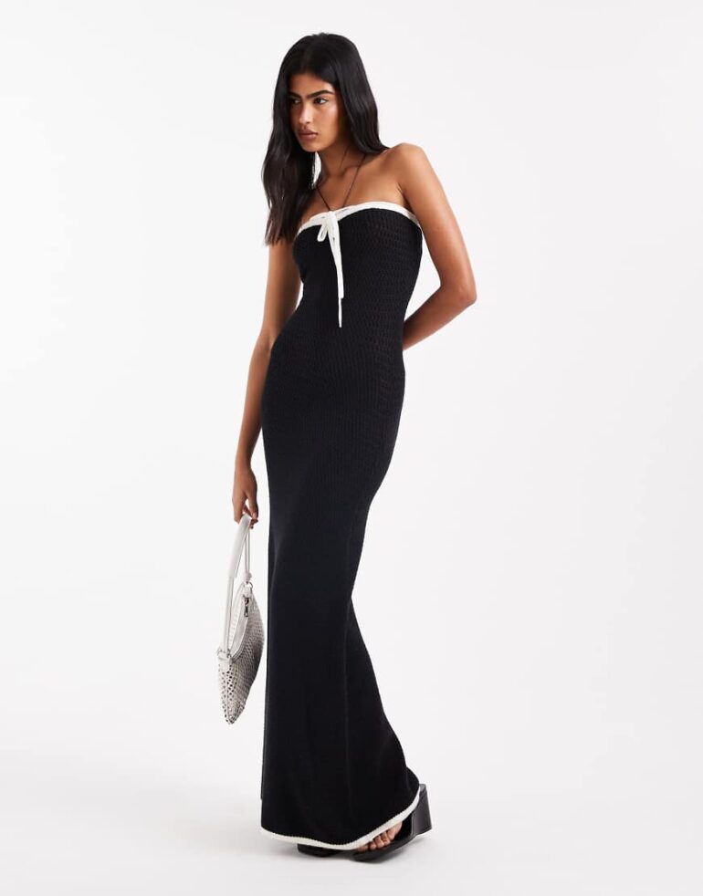 4th & Reckless contrast edge tie front crochet beach maxi dress in black