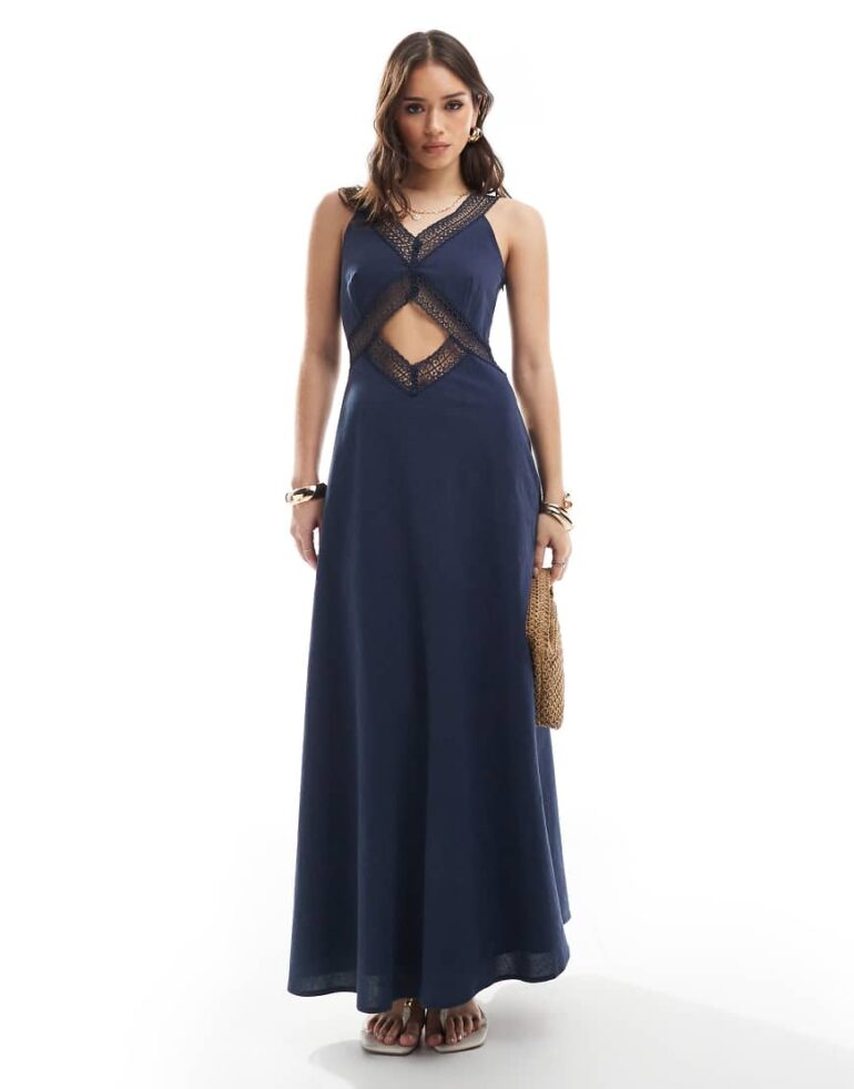 4th & Reckless crochet trim front cut out v neck maxi dress in navy