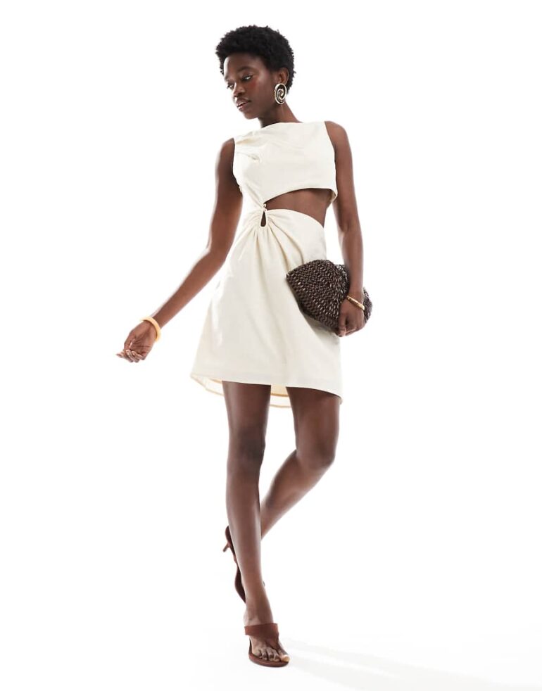 4th & Reckless exclusive contains linen cut out metal hardware mini dress in cream-White